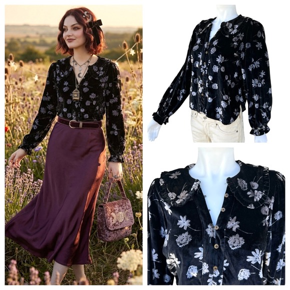 Pilcro Tops - Pilcro Anthropologie Keira Velvet Burnout Blouse Black Witchy Peter Pan Collar M